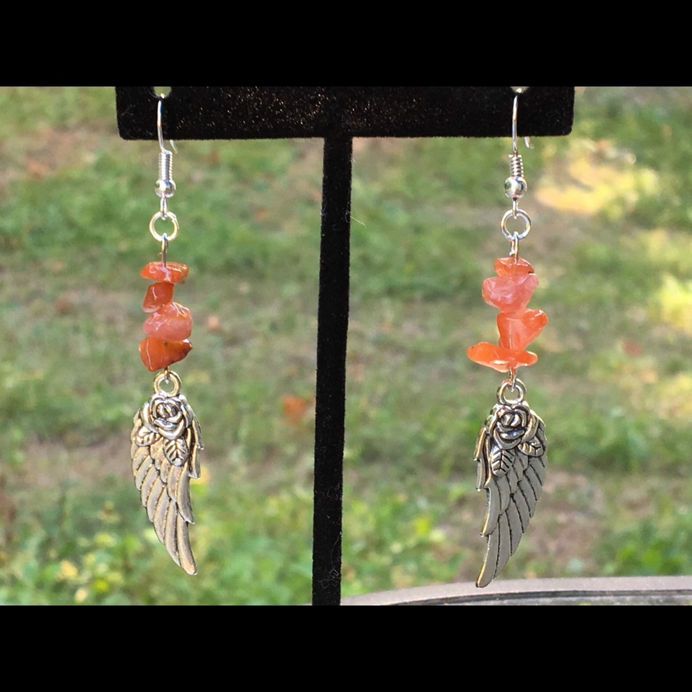 Red Fire Agate Silver Angel Wing Dangle Earrings